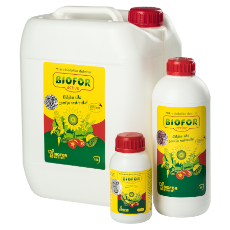 Tri pakovanja različite zapremine mikrobiloškog djubriva Biofor Active